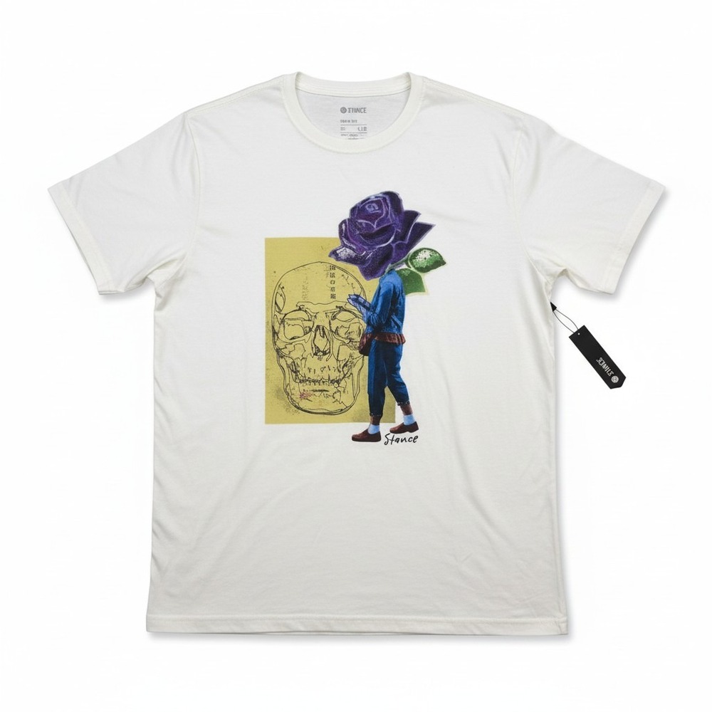 Stance Shirt Mens Large Graphic TShirt Cream Skull Rose Purple Flower Streetwear